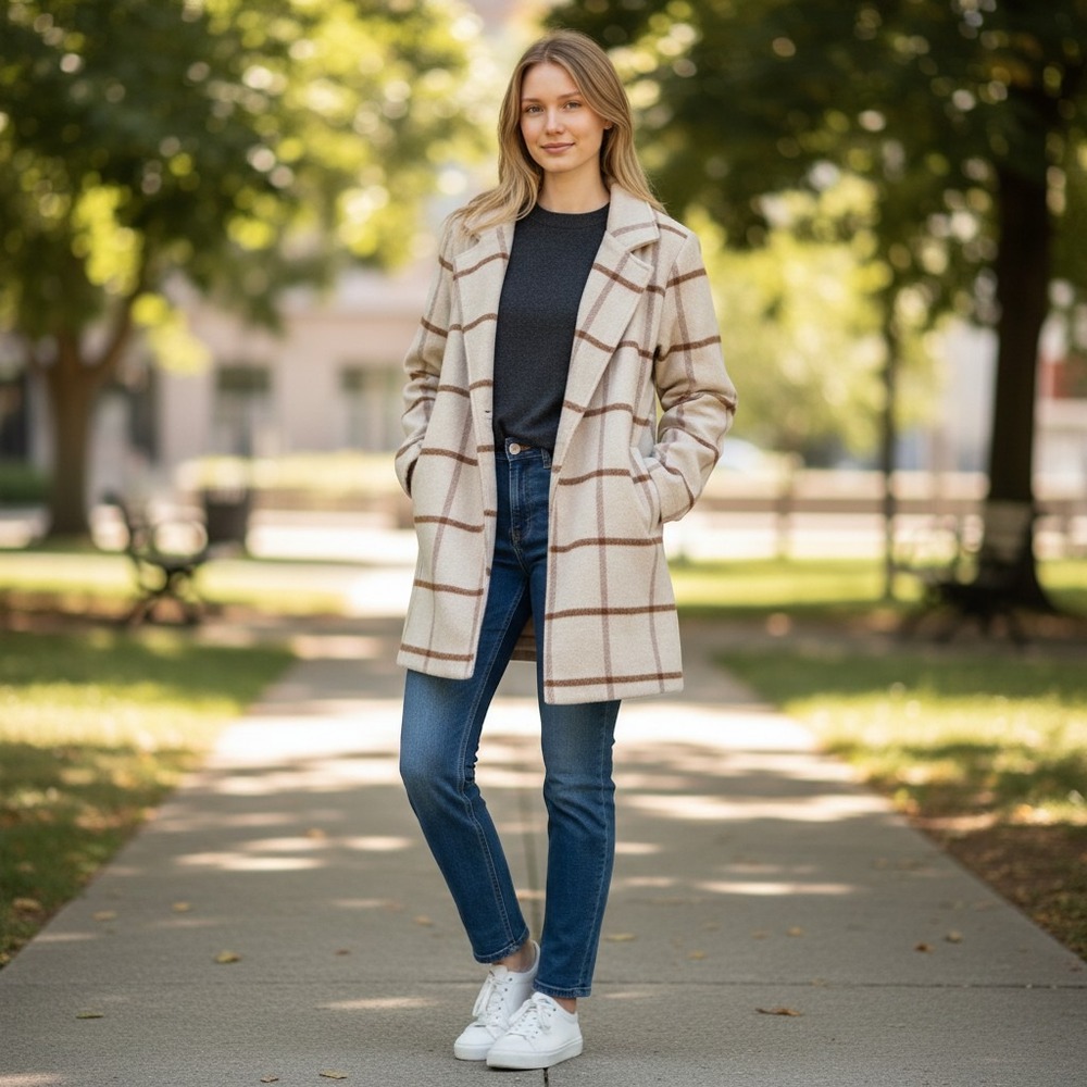 Joie Women Cream Brown Plaid Windowpane Open Front Notched Lapel Coat XS